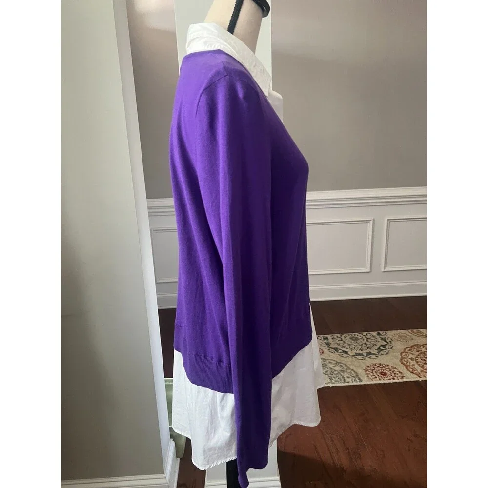 Lauren Ralph Lauren Layered Look Shirt Tail Sweater Purple/White Sz XL NWT